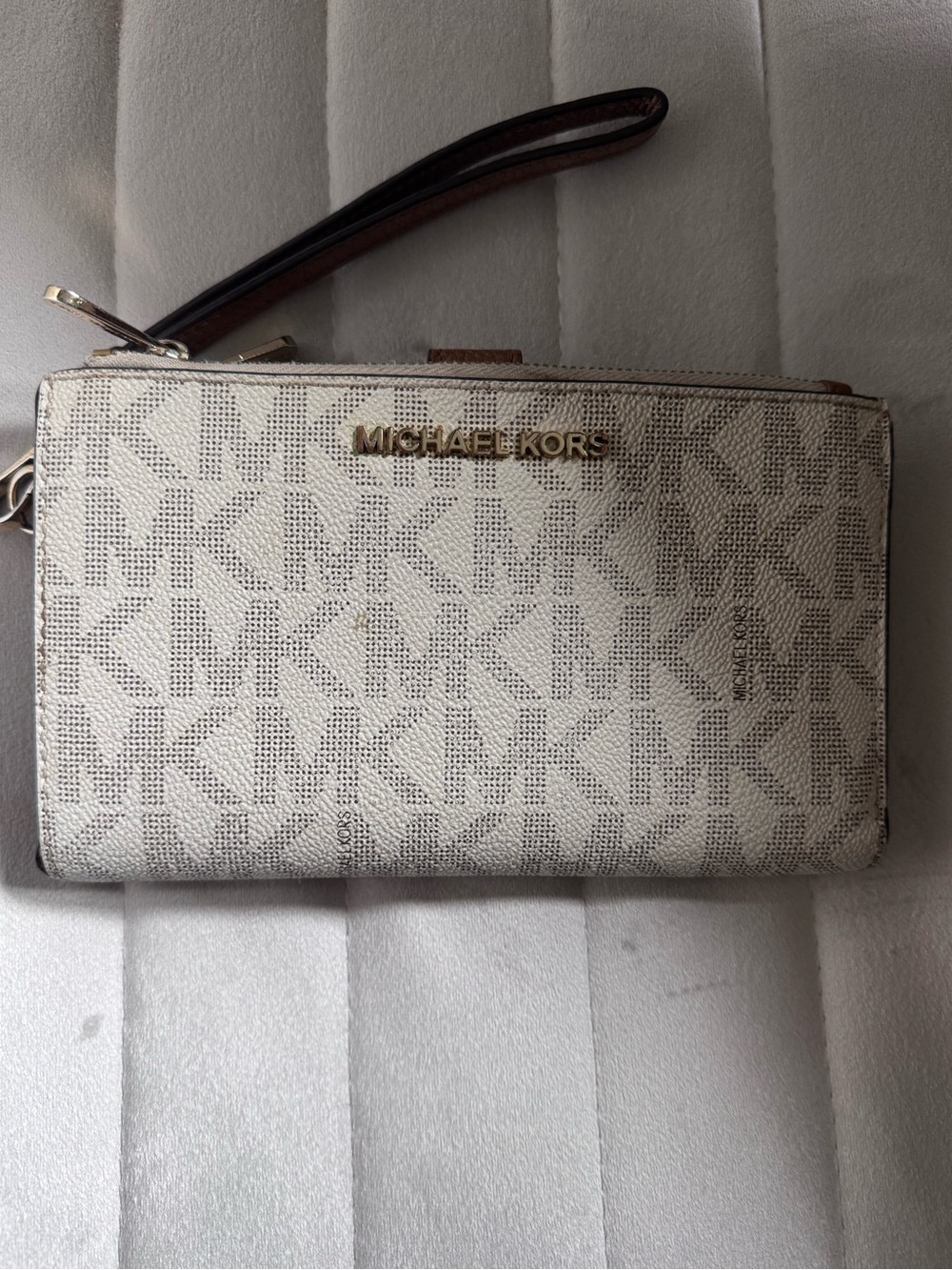 Michael Kors Cream and Brown Logo Wristlet Card Case